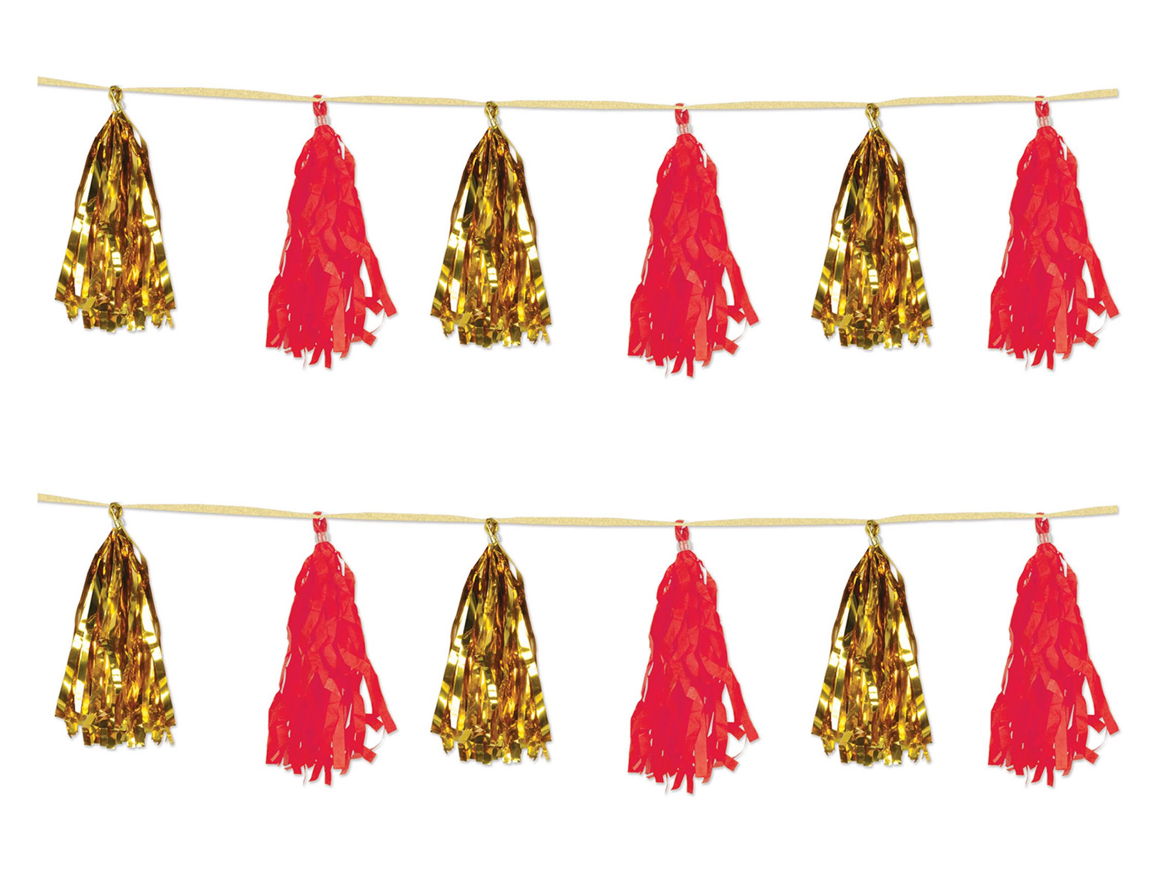 Beistle , 2 Piece Metallic and Tissue Tassel Garlands, 9.75" x 8' (Gold/Red)