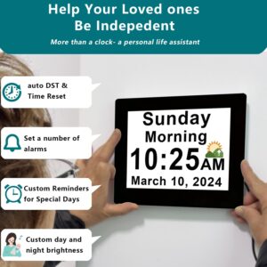 Véfaîî 2024 New, Digital Clock 2.0 with 30 Alarms, Auto DST, DIY Custom Reminders, Sun Moon Icon & AM/PM, Auto Brightness, Memory Function, Easy to Read, 8" Large Display