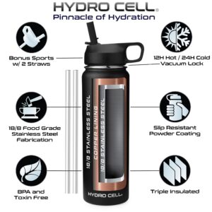 HYDRO CELL Stainless Steel Insulated Water Bottle with Straw - For Cold & Hot Drinks - Metal Vacuum Flask with Screw Cap and Modern Leakproof Sport Thermos for Kids & Adults (Black 24oz)