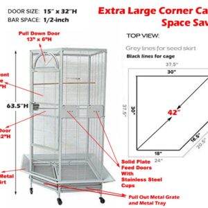 Extra Large Corner Flight Bird Rolling Cage for Cockatiel Aviary Canary Parakeet Budgies Parrot with Metal Seed Skirts