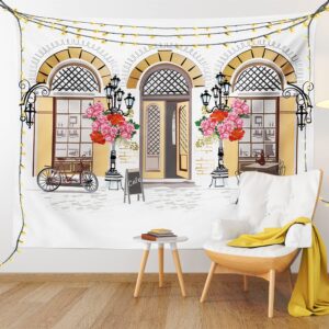 Lunarable Urban Tapestry, European Coffee Shop at Paris Streets with Flowerbeds and Lanterns Romantic Print, Wide Wall Hanging for Bedroom Living Room Dorm, 80" X 60", Multicolor