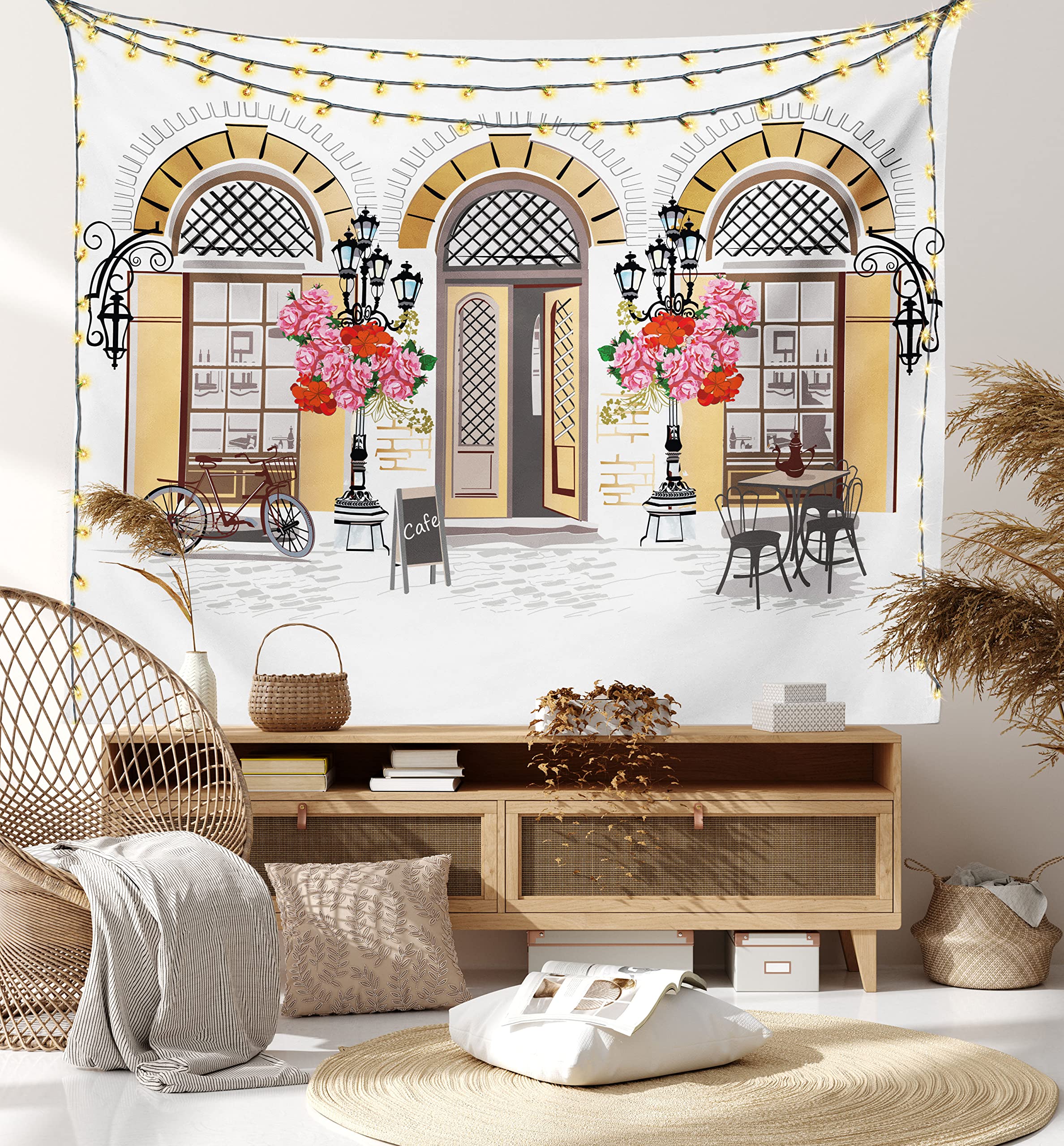 Lunarable Urban Tapestry, European Coffee Shop at Paris Streets with Flowerbeds and Lanterns Romantic Print, Wide Wall Hanging for Bedroom Living Room Dorm, 80" X 60", Multicolor