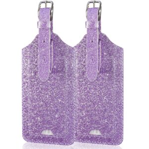 acdream luggage tags 2 pack, leather suitcase tags identifiers, cute cruise id labels with privacy cover fits on backpack, travel bag, for women, men, adults, kids, glitter purple