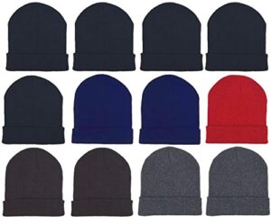 12 pack winter beanie hats for men women, warm cozy knitted cuffed skull cap, wholesale