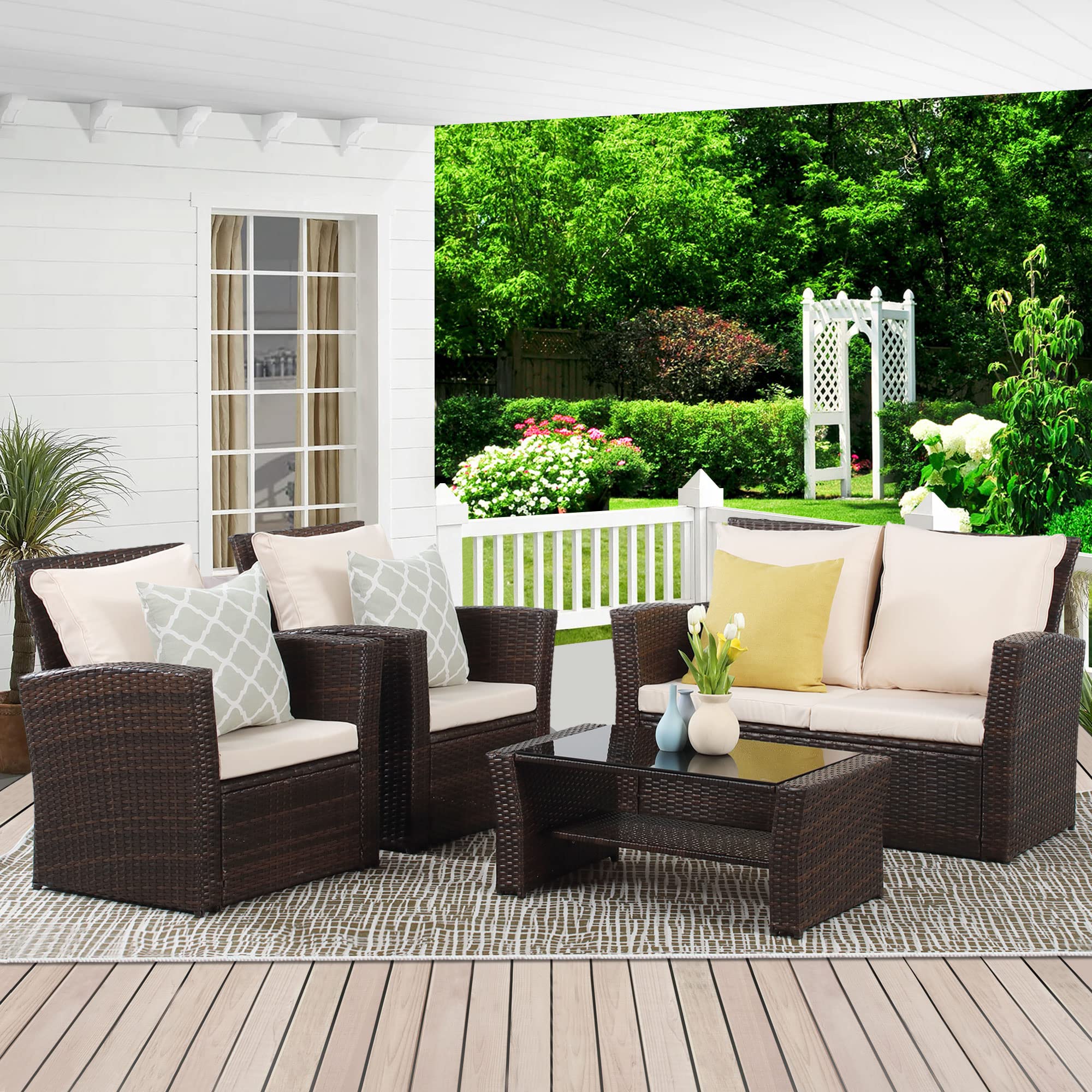 Wisteria Lane 4 Piece Outdoor Patio Furniture Sets, Wicker Conversation Set for Porch Deck, Brown Rattan Sofa Chair with Cushion