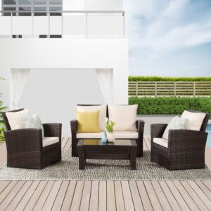 Wisteria Lane 4 Piece Outdoor Patio Furniture Sets, Wicker Conversation Set for Porch Deck, Brown Rattan Sofa Chair with Cushion