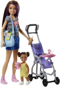 barbie skipper babysitters inc 2 dolls & accessories, set with brunette skipper doll, small doll & bouncy stroller (amazon exclusive)