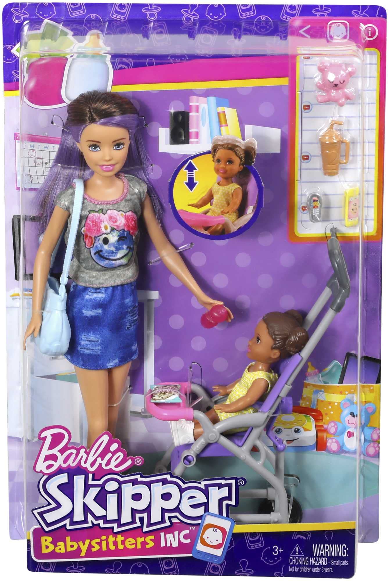 Barbie Skipper Babysitters Inc 2 Dolls & Accessories, Set with Brunette Skipper Doll, Small Doll & Bouncy Stroller (Amazon Exclusive)