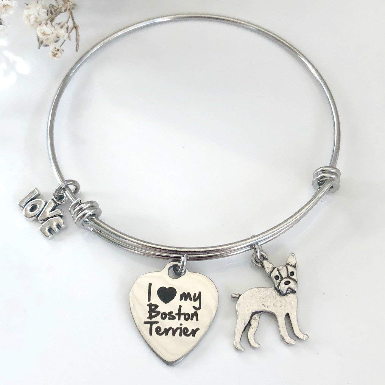 Boston Terrier Dog Bracelet - Expandable Charm Bangle for Terrier Owners - Pet Themed Jewelry