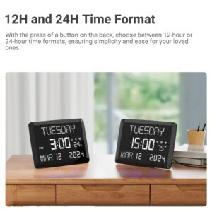 11.5” Digital Wall Clock with Date,Time,Week,Indoor Temperature,3 Alarms,5 Dimmer,2 USB Chargers,Battery Backup,Snooze,12/24H for Elderly,Parents,Impaired Vision,Dementia,Memory Loss,Office,Bedroom