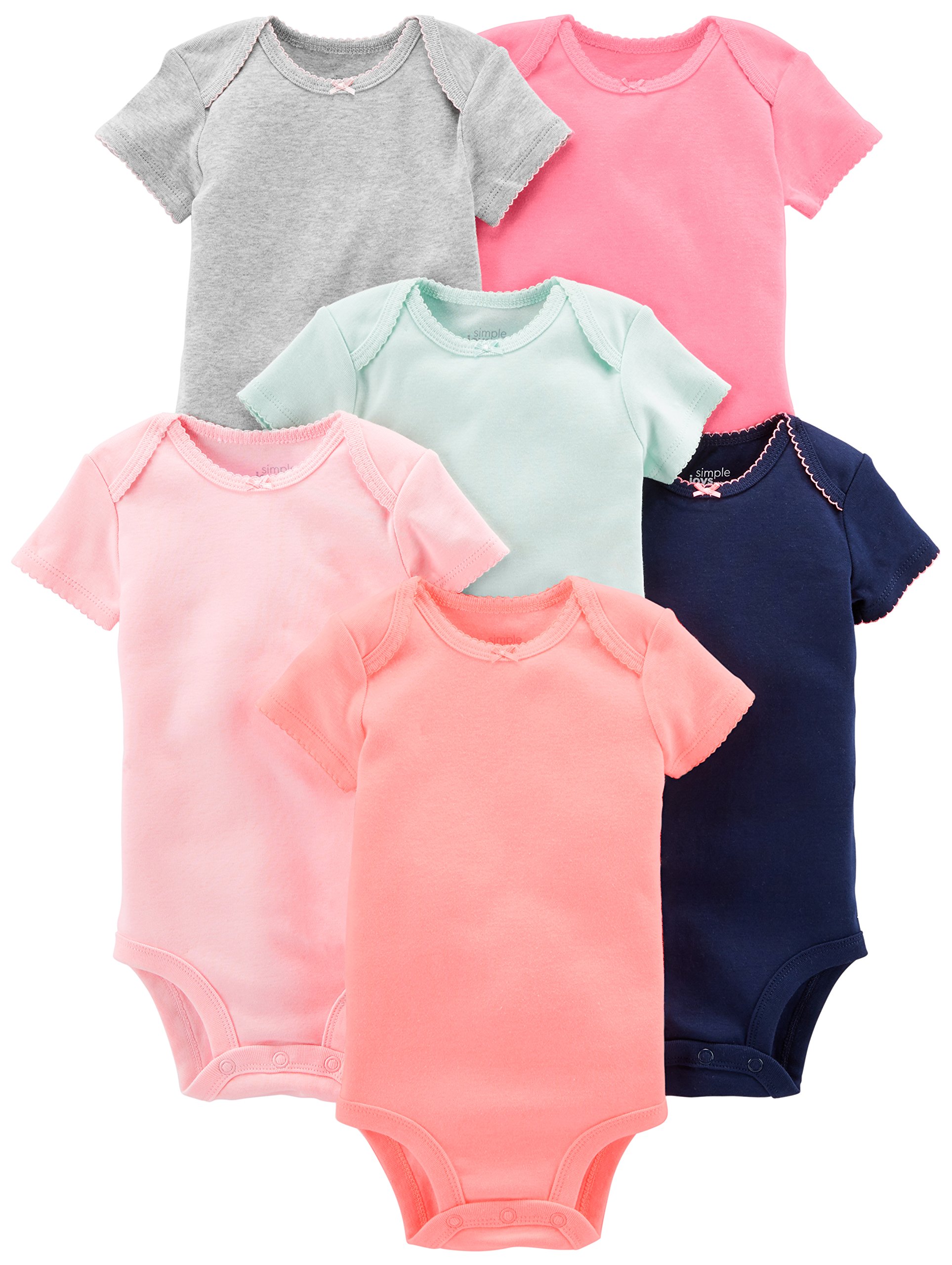 Simple Joys by Carter's Baby Girls' 6-Pack Short-Sleeve Bodysuit, Multicolor/Solid Colors, 0-3 Months