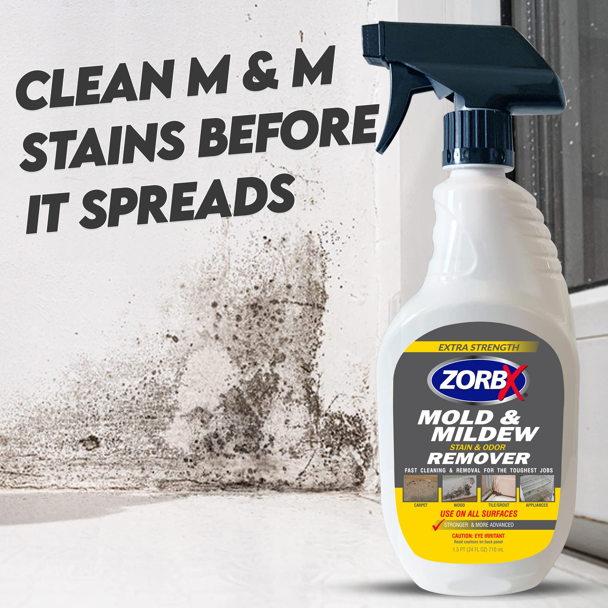 ZORBX Extra Strength M&M Stain & Odor Remover and Cleaner - All Purpose Cleaner Spray - Scrub Free Formula - Bleach Free Odor Remover for Carpet, Bathroom, Walls, Wood, Shower & Car - 24 FL Oz