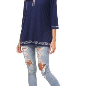 Women's Summer Tops Boho V-Neck Embroidery Short Sleeve Blouses for Women Fashion Navy Blue