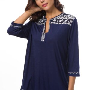 Women's Summer Tops Boho V-Neck Embroidery Short Sleeve Blouses for Women Fashion Navy Blue