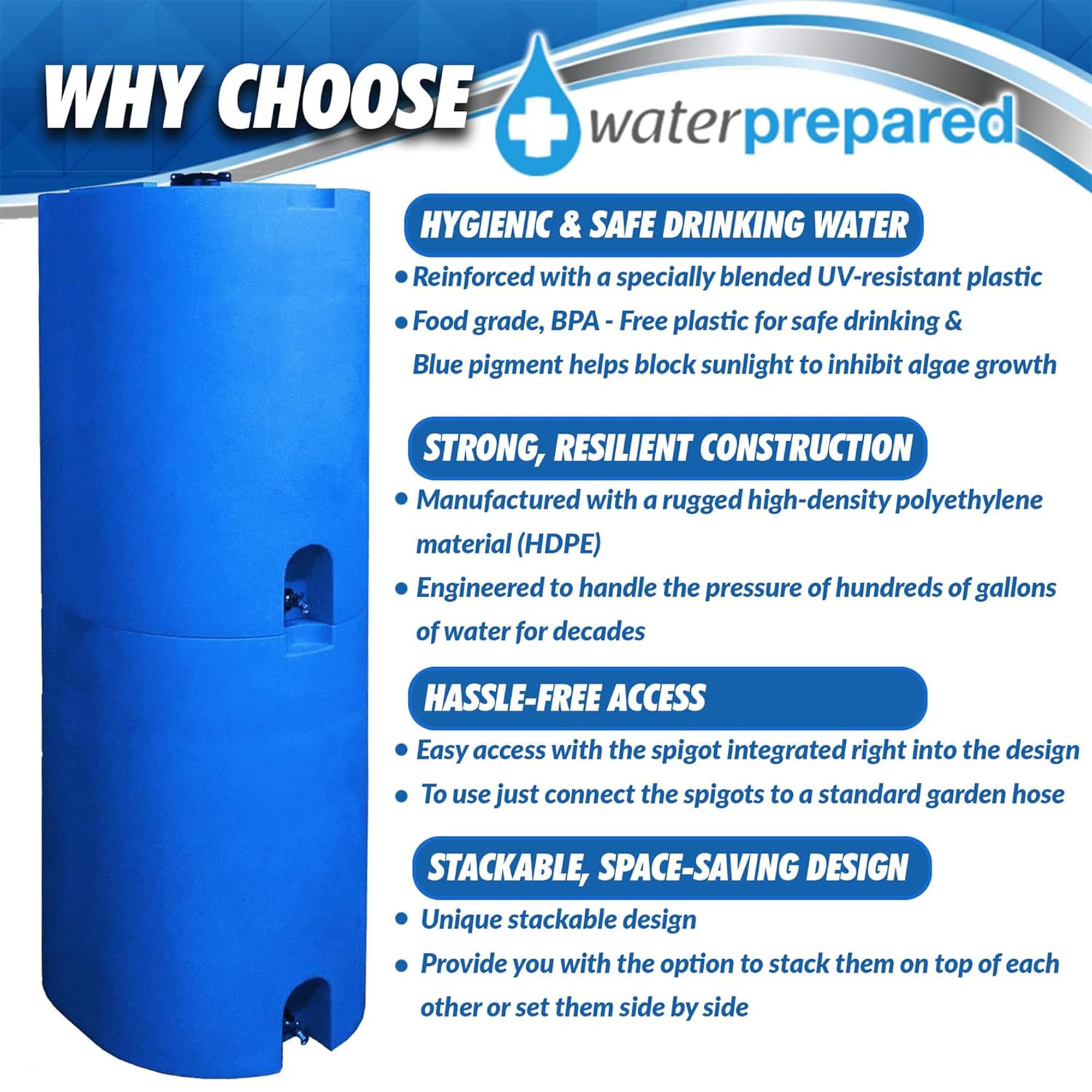 WaterPrepared 55 Gallon Unique Space Saving Stackable Design Utility Water Tank with Large Cap for Easy Filling and Spigots, Blue