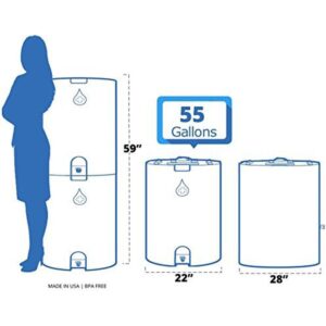 WaterPrepared 55 Gallon Unique Space Saving Stackable Design Utility Water Tank with Large Cap for Easy Filling and Spigots, Blue