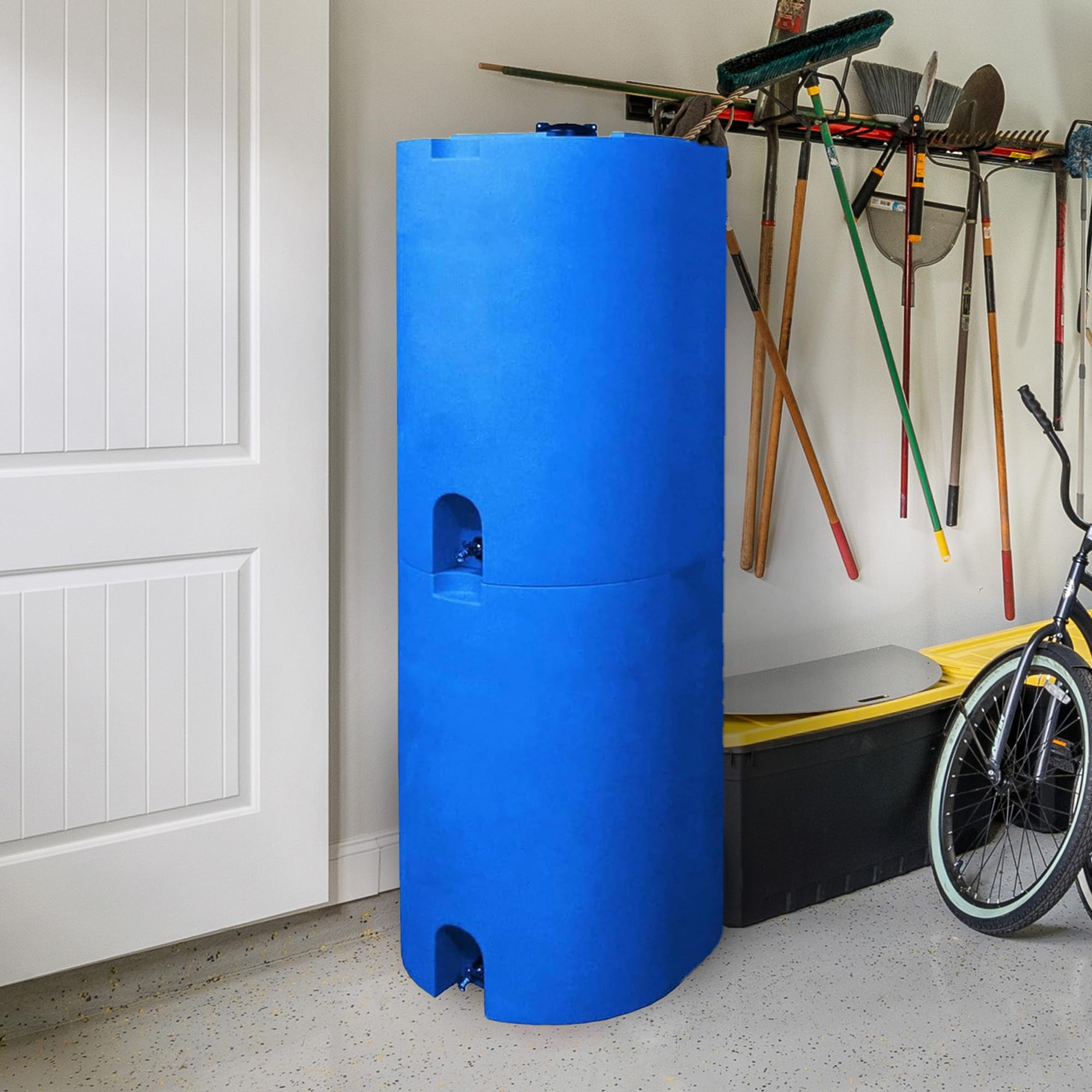 WaterPrepared 55 Gallon Unique Space Saving Stackable Design Utility Water Tank with Large Cap for Easy Filling and Spigots, Blue