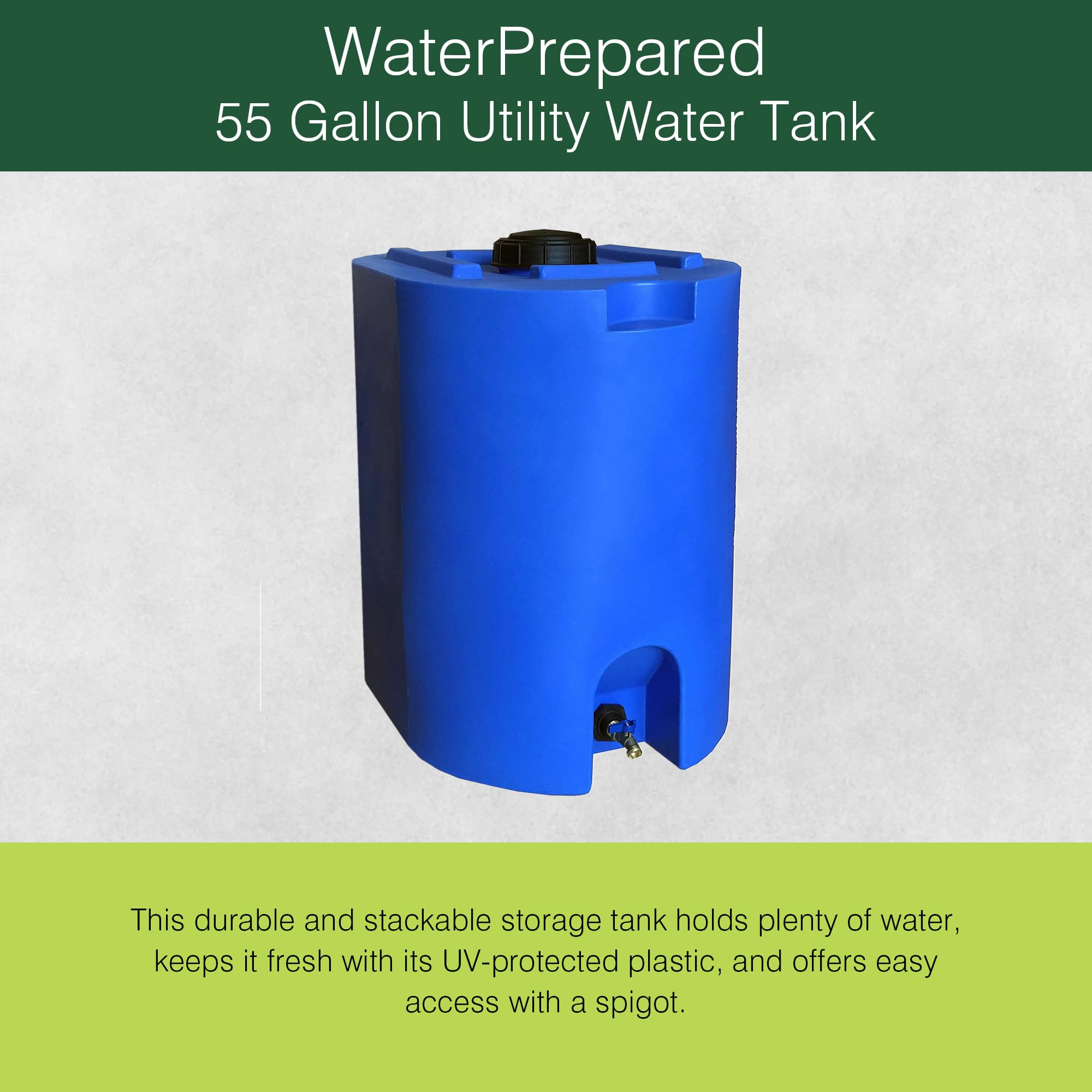 WaterPrepared 55 Gallon Unique Space Saving Stackable Design Utility Water Tank with Large Cap for Easy Filling and Spigots, Blue