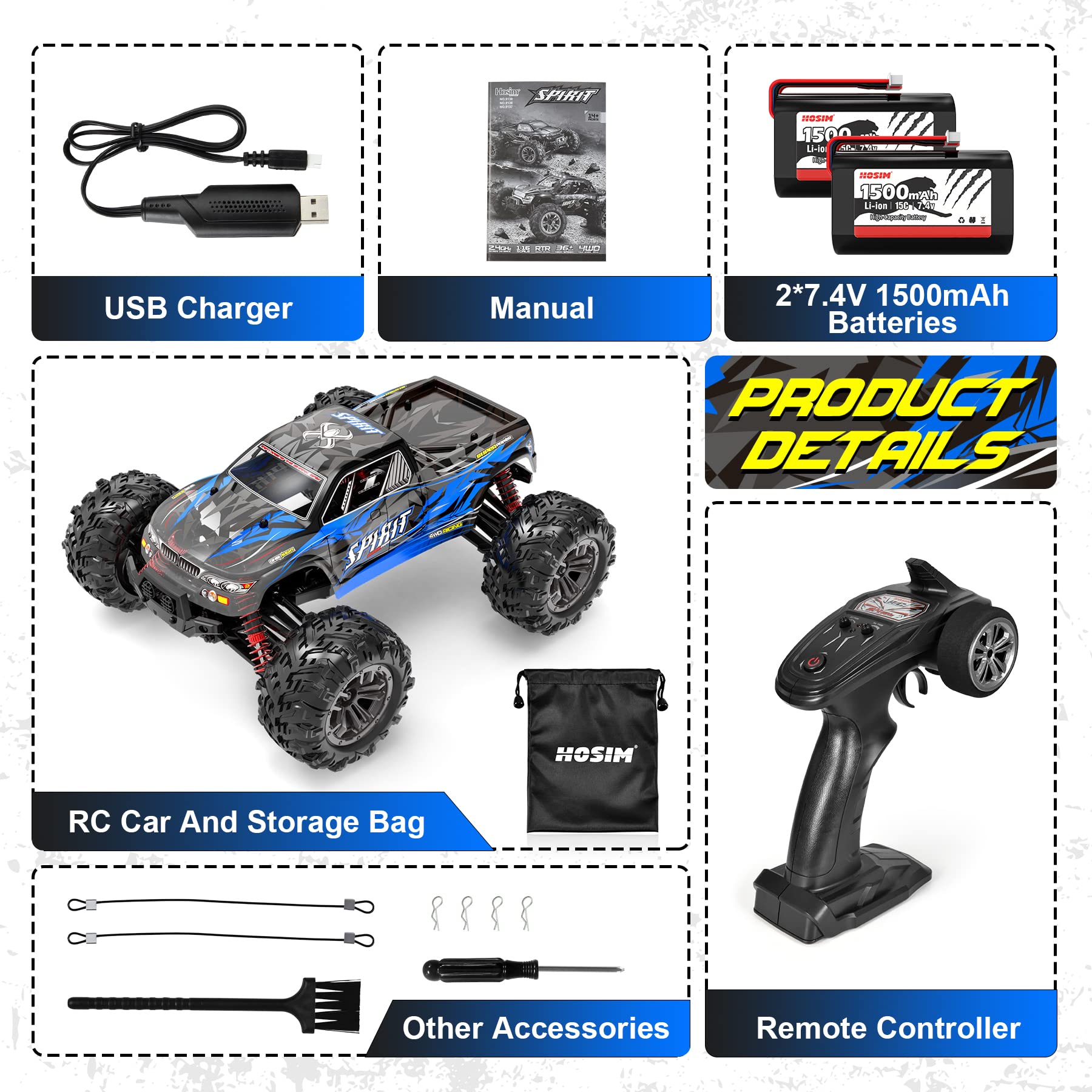 Hosim RC Car 1:16 All Terrain 4WD RC Monster Truck 40+ km/h Buggy Fast Remote Control Racing Cars for Adults and Children (Blue)