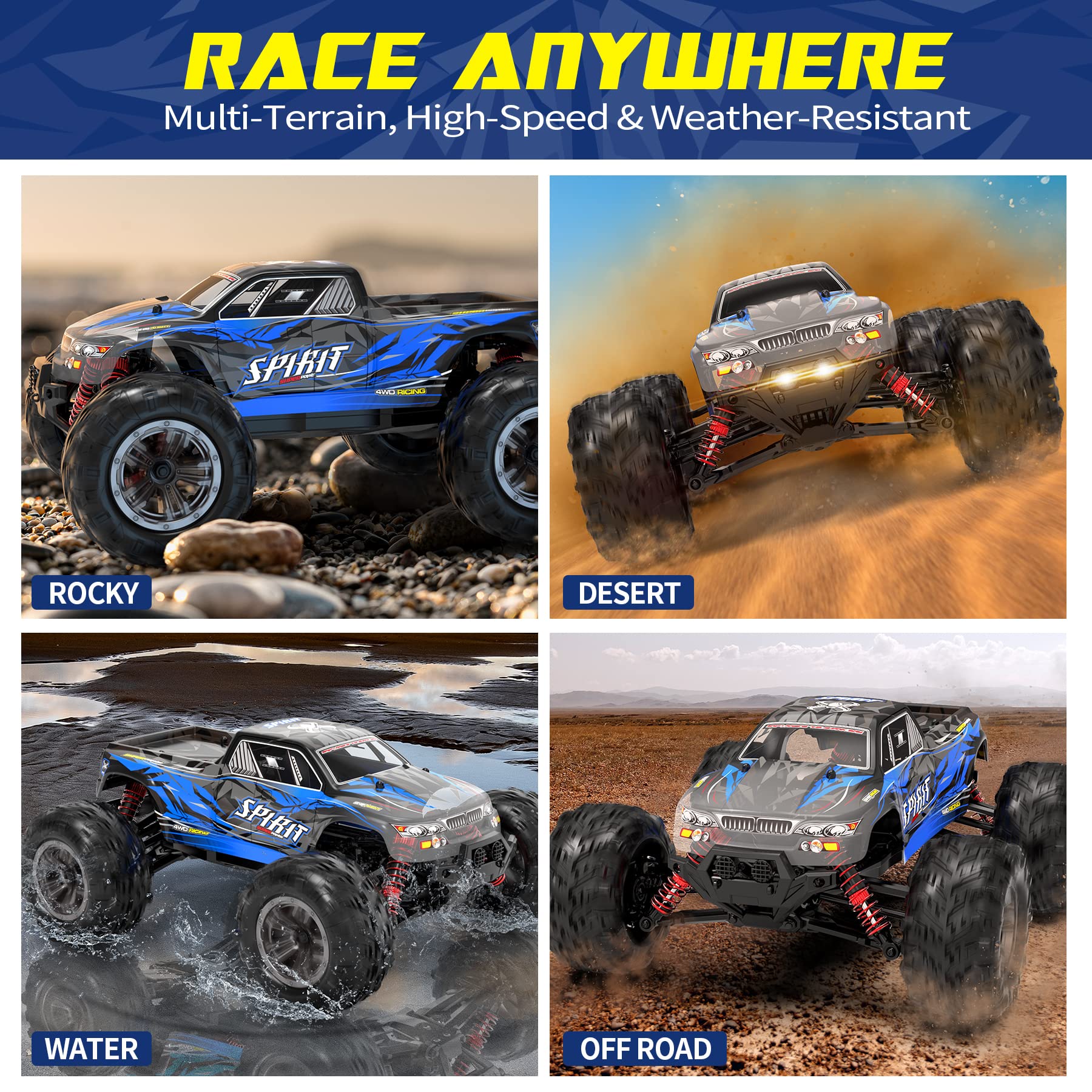 Hosim RC Car 1:16 All Terrain 4WD RC Monster Truck 40+ km/h Buggy Fast Remote Control Racing Cars for Adults and Children (Blue)