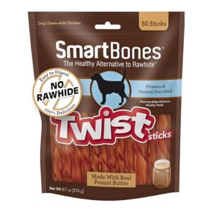 smartbones smart twist sticks with peanut butter 50 count, rawhide-free chews for dogs, sbtt-02943, 50-count