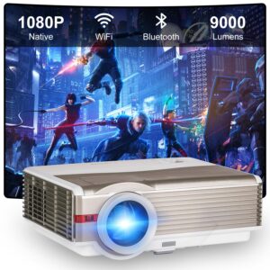 native 1080p full hd wifi and bluetooth outdoor projector with speaker, 9000 lumen movie projector for home theater, compatible with ios/android/laptop/hdmi/pc/tv stick/usb