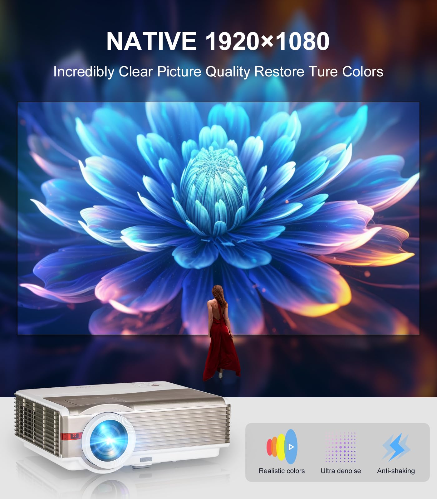 Native 1080P Full HD WiFi and Bluetooth Outdoor Projector with Speaker, 9000 Lumen Movie Projector for Home Theater, Compatible with iOS/Android/Laptop/HDMI/PC/TV Stick/USB