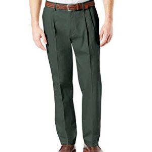 Dockers Men's Classic Fit Signature Khaki Lux Cotton Stretch Pants-Pleated (Regular and Big & Tall), Olive Grove, 36W x 32L