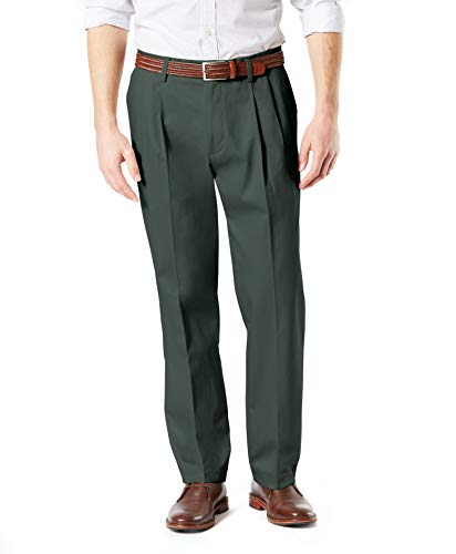 Dockers Men's Classic Fit Signature Khaki Lux Cotton Stretch Pants-Pleated (Regular and Big & Tall), Olive Grove, 36W x 32L