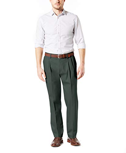 Dockers Men's Classic Fit Signature Khaki Lux Cotton Stretch Pants-Pleated (Regular and Big & Tall), Olive Grove, 36W x 32L