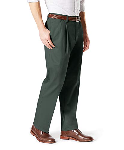 Dockers Men's Classic Fit Signature Khaki Lux Cotton Stretch Pants-Pleated (Regular and Big & Tall), Olive Grove, 36W x 32L