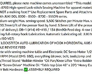 Juki DDL8700 LockStitch Industrial Sewing Machine,Table,Servo Motor,Lamp. Not Assembled