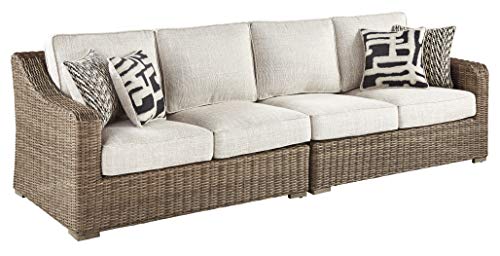 Signature Design by Ashley Beachcroft Outdoor Left & Right Arm Facing Wicker Patio Loveseats, Brown & Beige