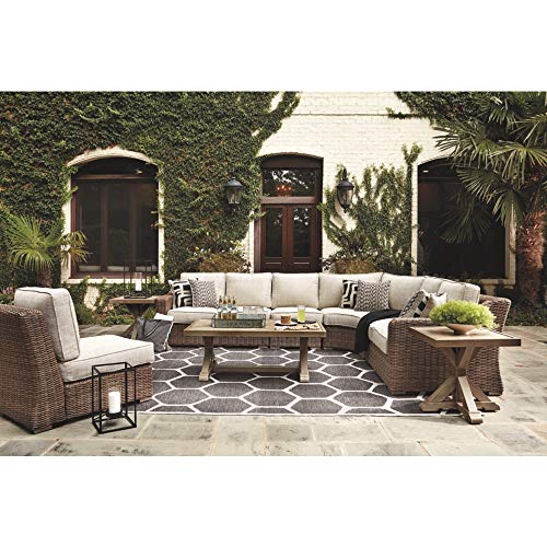 Signature Design by Ashley Beachcroft Outdoor Left & Right Arm Facing Wicker Patio Loveseats, Brown & Beige