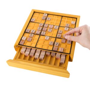 Sudoku Set - Wood Number Tiles, Game Board, and Tile Storage Drawer with Puzzle Book - 100 Challenging Brain Teasers for Adults and Kids