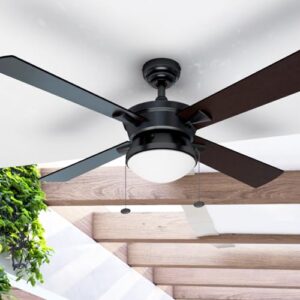 Prominence Home Auletta, 52 Inch Contemporary Indoor Outdoor Ceiling Fan with Light, Pull Chain, Dual Mounting Options, Dual Finish Blades, Reversible Motor - 50345-01 (Matte Black)