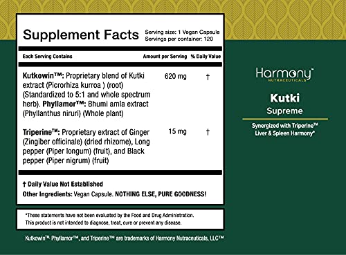 Kutki Supreme - Harmony Nutraceuticals Ayurvedic Medicine for Healthy Skin, Immune and Respiratory Systems - 120 Vegan Organic Capsules