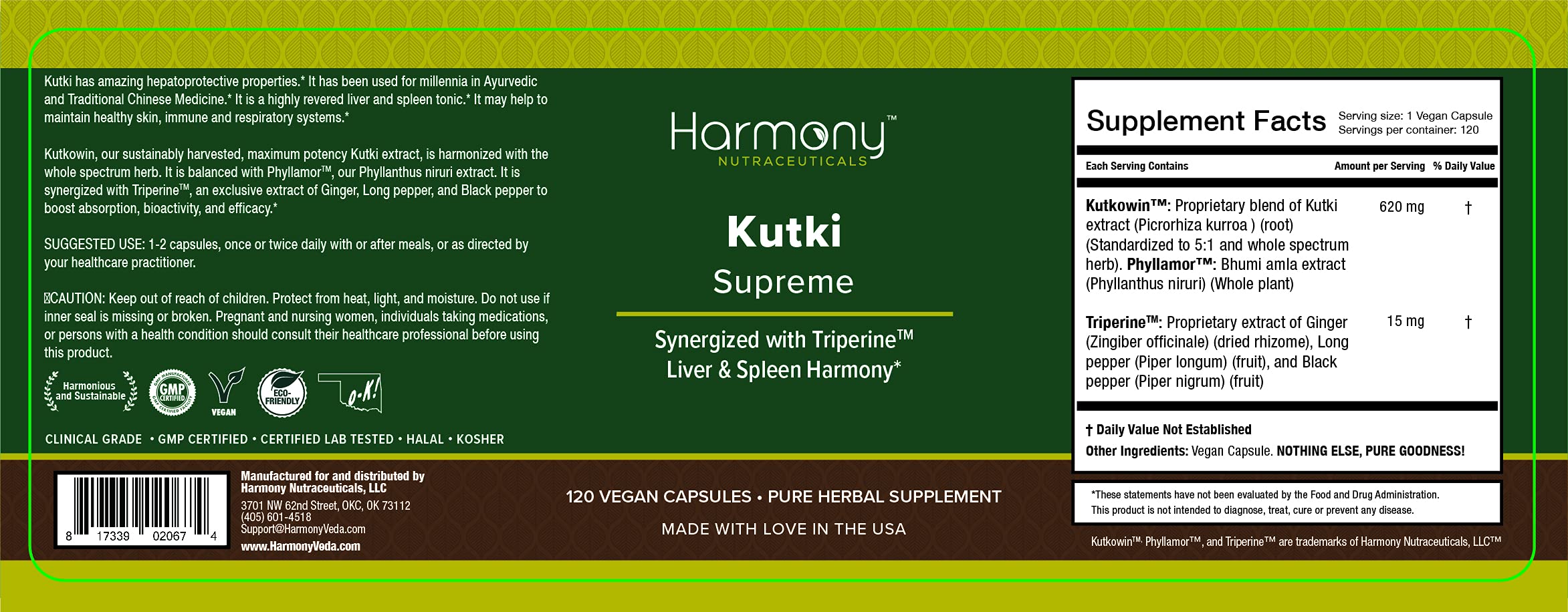 Kutki Supreme - Harmony Nutraceuticals Ayurvedic Medicine for Healthy Skin, Immune and Respiratory Systems - 120 Vegan Organic Capsules