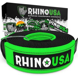 rhino usa tree saver tow strap (8' x 3") - 31,518lb break strength - heavy duty draw string included - triple reinforced loop straps - emergency off road recovery rope