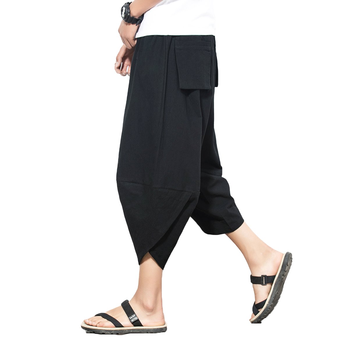 INVACHI Men's Linen Harem Capri Pants Lightweight Elastic Waist Casual Baggy Pants Beach Yoga Trousers J-black