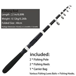 Fishing Pole Combo Set,2.1m/6.89ft 2PCS Collapsible Rods 2PCS Spinning Reels Lures Set Carrier Bag Telescopic Fishing Rods Freshwater Kit Fishing Rod Reel Combos