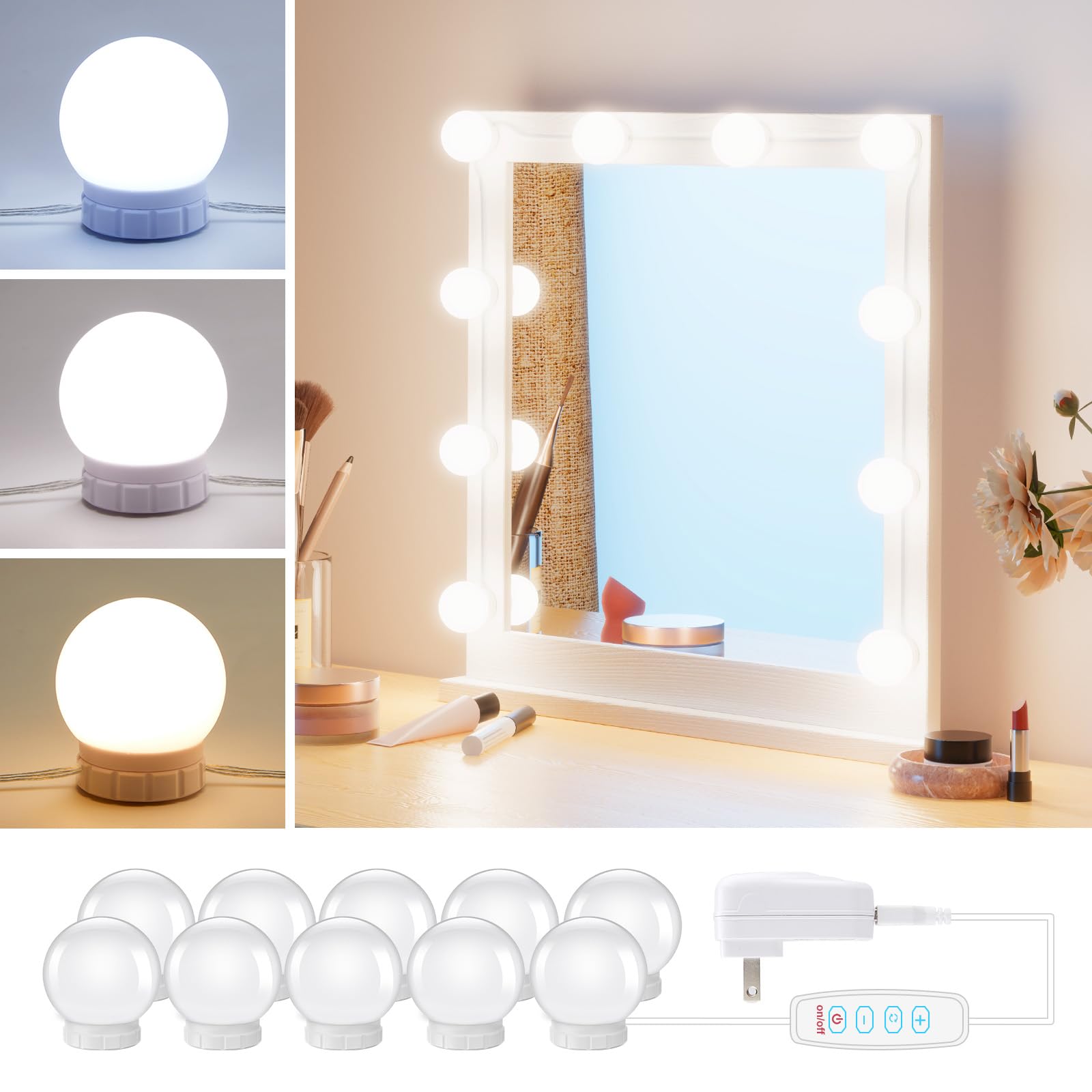 Hollywood Style Led Vanity Mirror Lights Kit - Vanity Lights Have 10 Dimmable Light Bulbs for Makeup Dressing Table and Power Supply Plug in Lighting Fixture Strip, White (No Mirror Included)