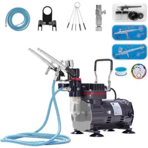 vivohome airbrush kit with 1/5 hp air compressor and 3 dual action professional airbrush gun, gravity and siphon feed, quiet air brush paint set with holder, color wheel, cleaning brush, 2 cup