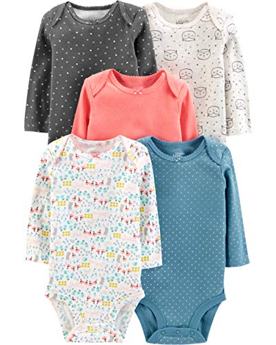 Simple Joys by Carter's Baby Girls' 5-Pack Long-Sleeve Bodysuit, Dots/Floral/Hearts/Owl, Preemie