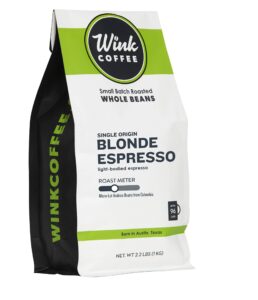 wink coffee blonde espresso, whole bean coffee, 100% arabica, large 2.2 pound bag, colombian single origin, smooth, light, and complex, sustainably sourced