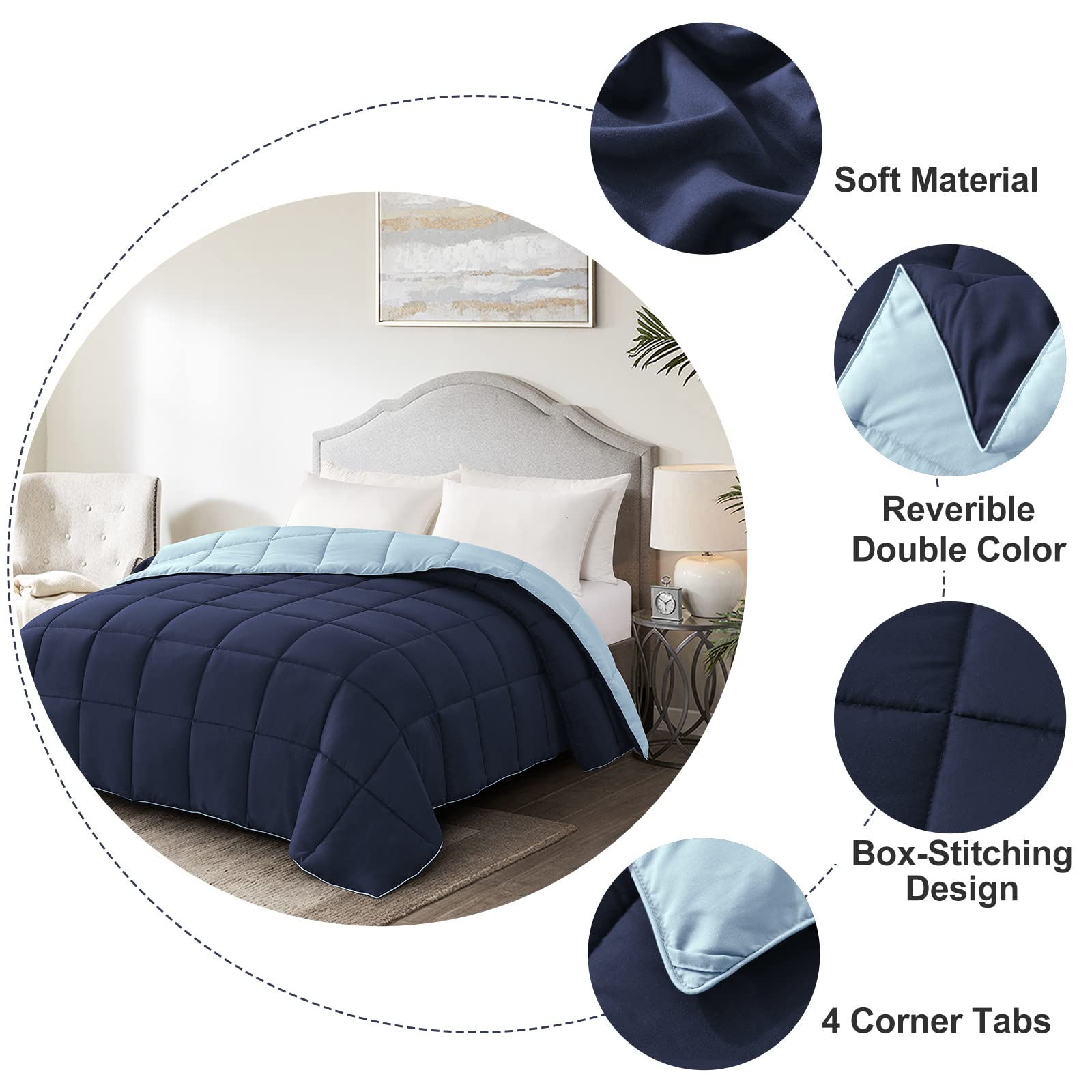 Homelike Moment Lightweight King Comforter - Blue Down Alternative Bedding King Size Comforters, All Season Duvet Insert Quilted Reversible Bed Comforter Soft Cozy King Size Navy/Light Blue