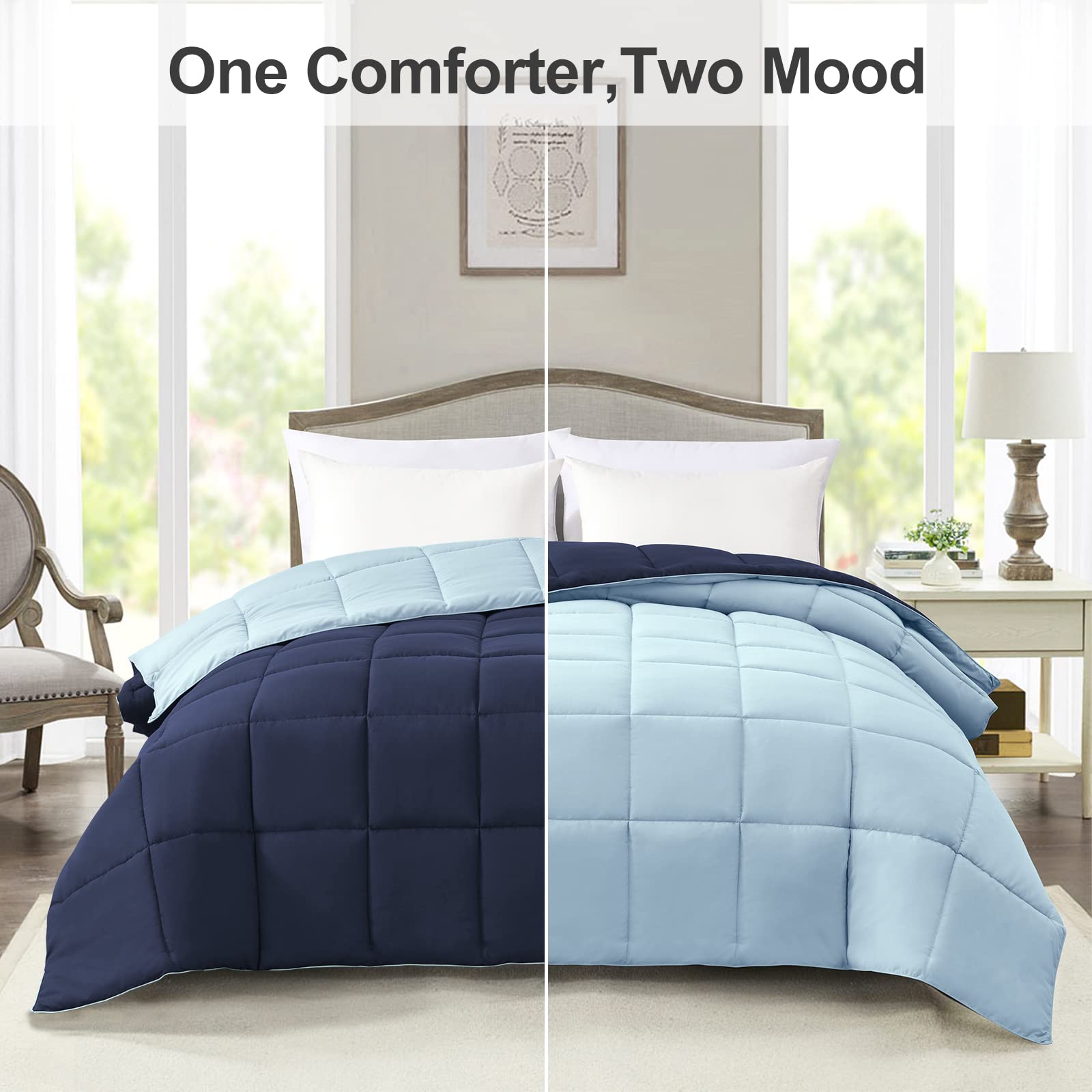 Homelike Moment Lightweight King Comforter - Blue Down Alternative Bedding King Size Comforters, All Season Duvet Insert Quilted Reversible Bed Comforter Soft Cozy King Size Navy/Light Blue