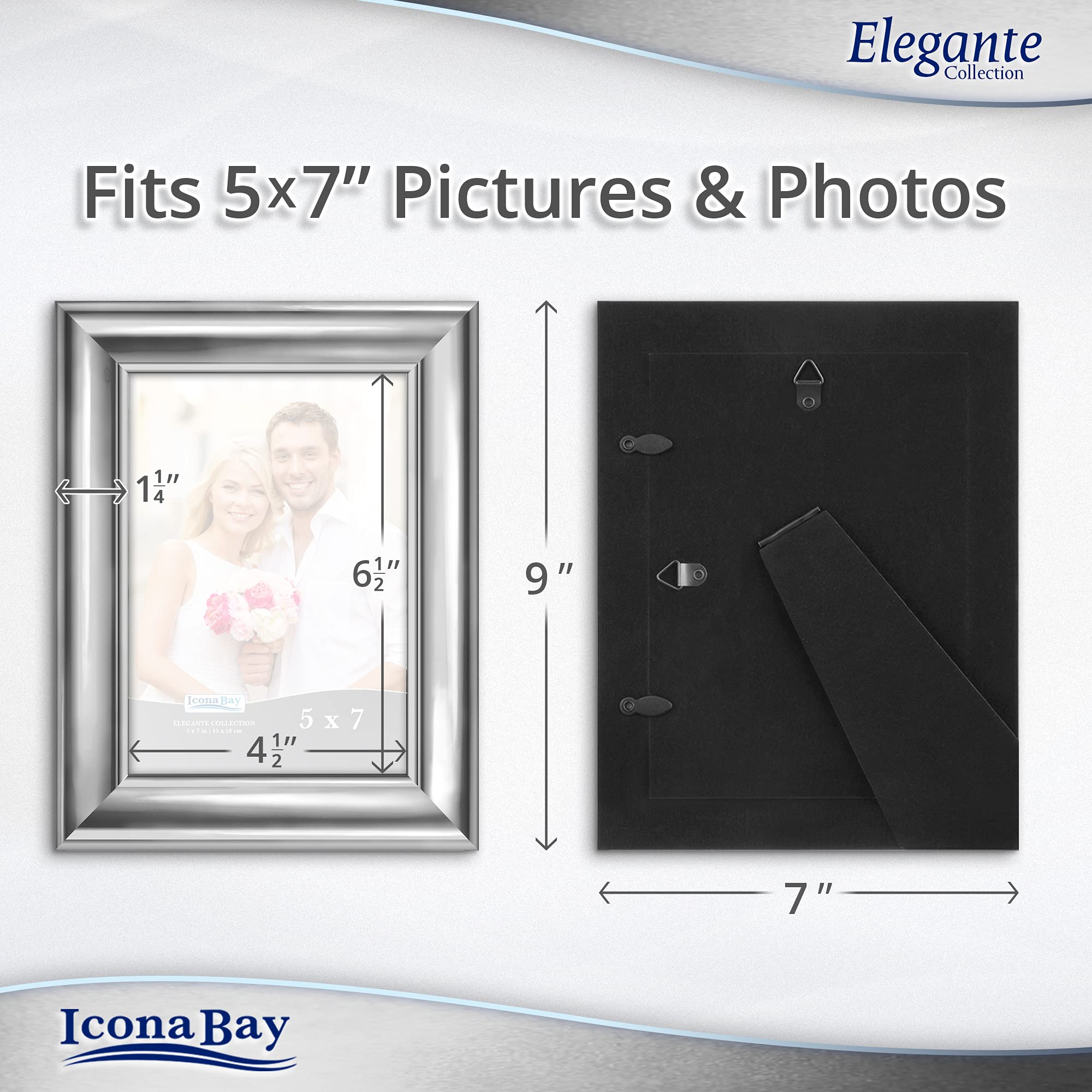 Icona Bay 5x7 Silver Picture Frame, Contemporary Photo Frame 5 x 7, Wall Mount or Table Top, Elegante Collection