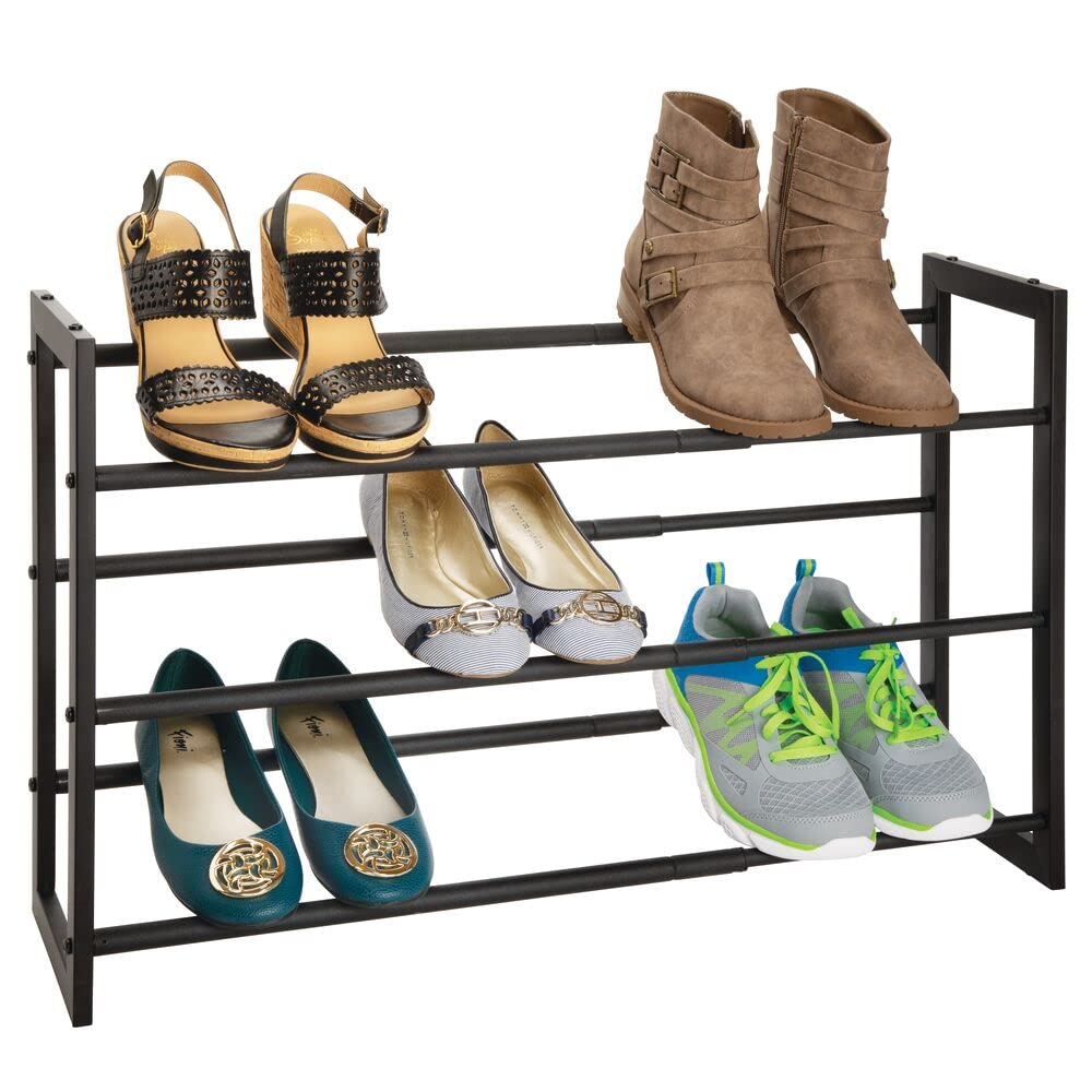 mDesign Metal 3 Tier Adjustable/Expandable Shoe and Boot Storage Organizer Rack - Space-Saving, Angled Vertical Storage - Closet, Entryway, Mudroom, Bedroom, Garage - Black