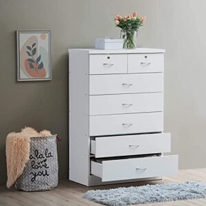 HODEDAH 7 Drawer Wood Dresser for Bedroom, 31.5 inch Wide Chest of Drawers, with 2 Locks on the Top Drawers, Storage Organization Unit for Clothing, White